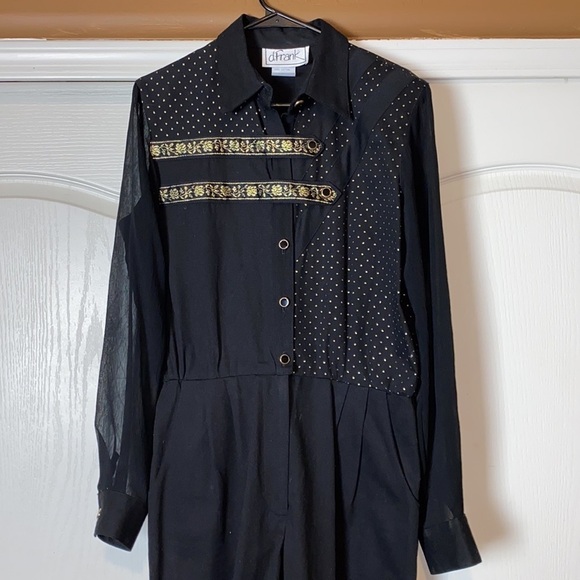 80s VINTAGE BLACK & GOLD JUMPSUIT LONG SLEEVE ONESIE ONE PIECE - Picture 2 of 5